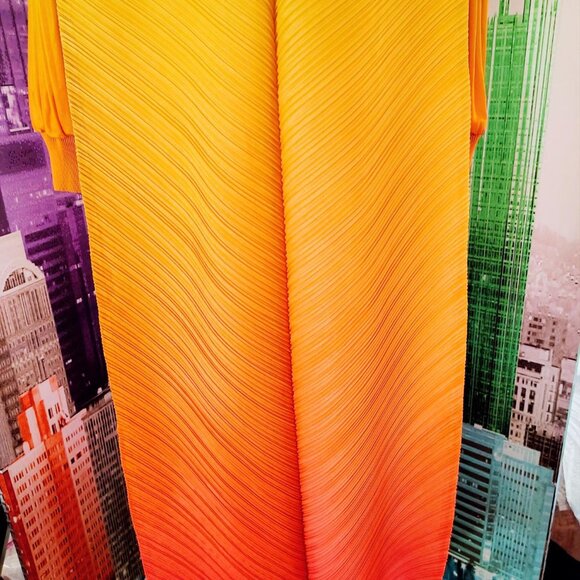 Elegant Accordian Graduated Tan/Orange Ankle Length dress with long sleeves - Picture 2 of 7